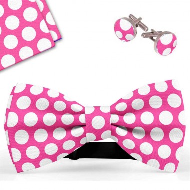 Set papion barbati, batista, butoni, roz, buline albe, mari